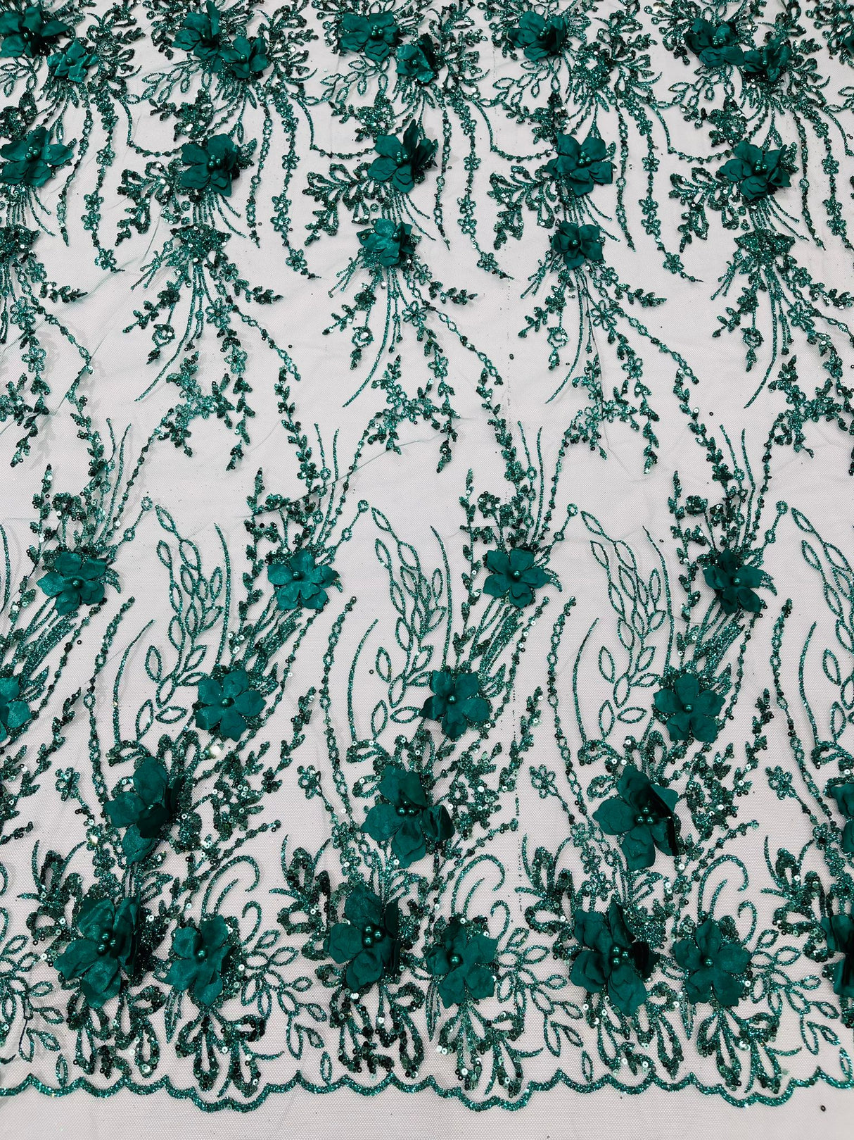 3D Luxury Satin Floral Glitter Fabric - 3D Satin Flowers, Glitter Sequin Embroidery, 54" Width (1 Yard)