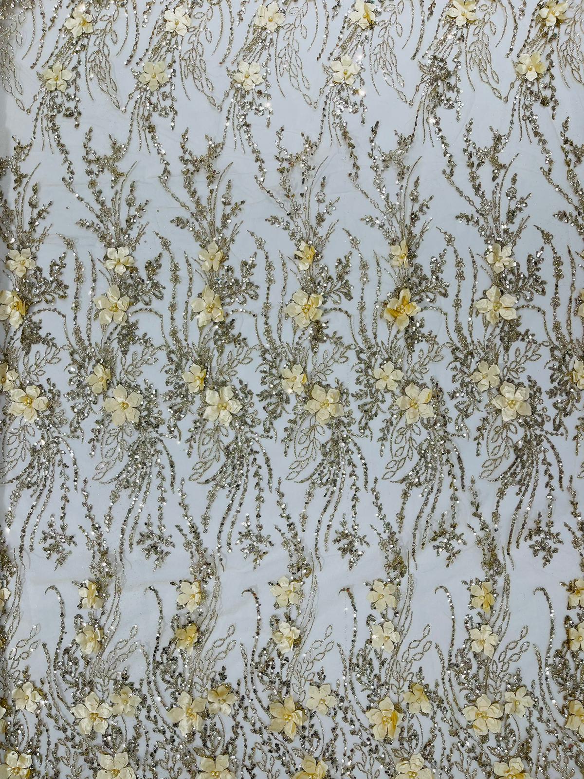 3D Luxury Satin Floral Glitter Fabric - 3D Satin Flowers, Glitter Sequin Embroidery, 54" Width (1 Yard)