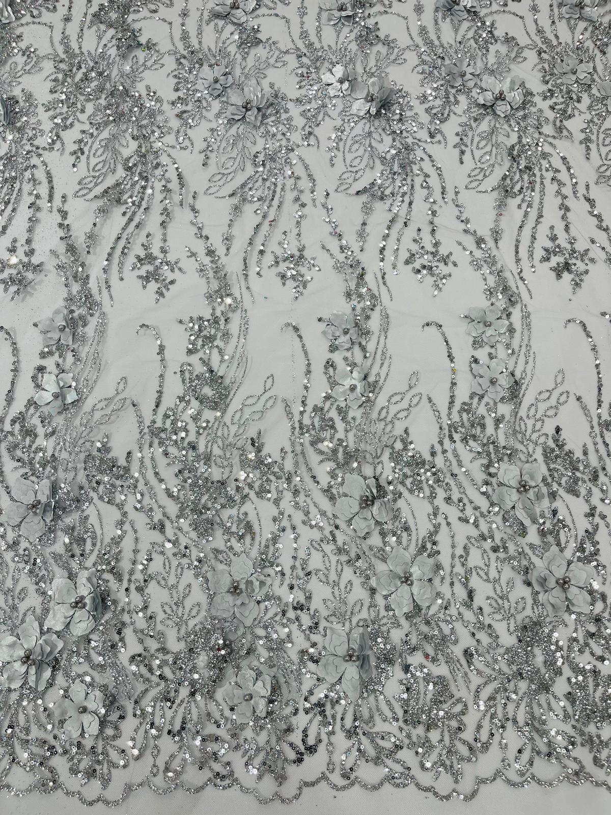 3D Luxury Satin Floral Glitter Fabric - 3D Satin Flowers, Glitter Sequin Embroidery, 54" Width (1 Yard)