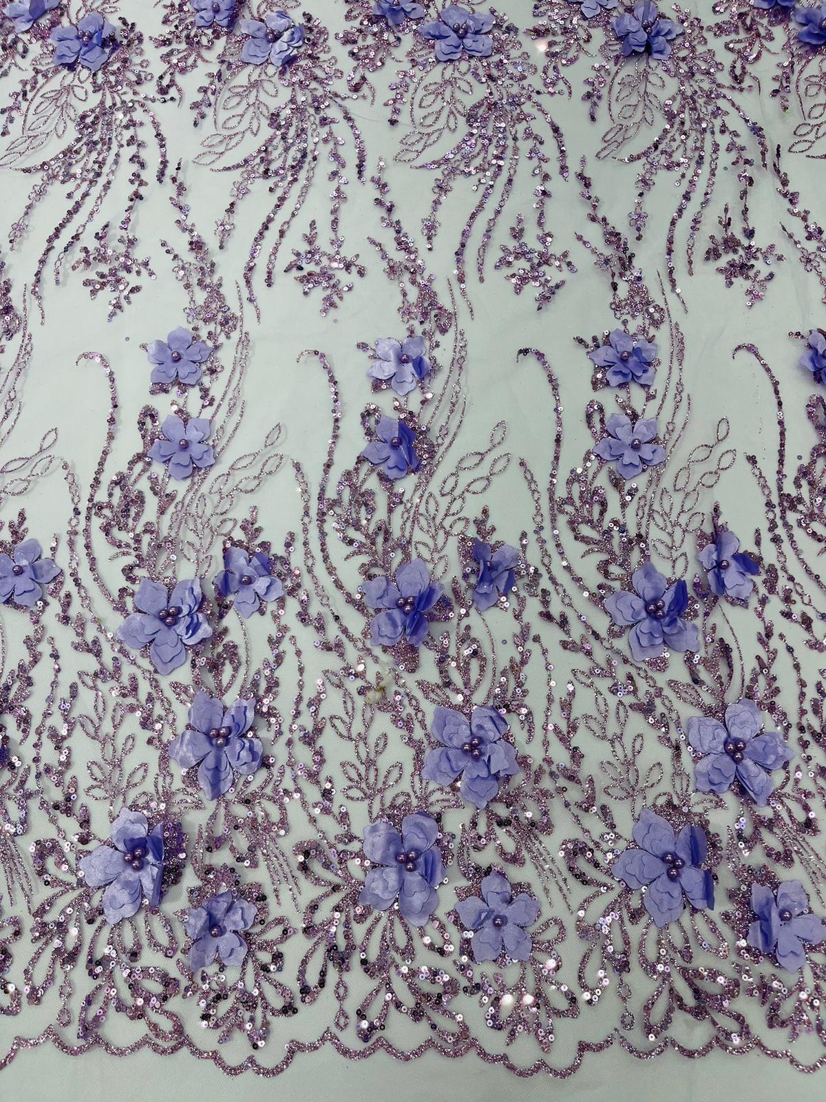 3D Luxury Satin Floral Glitter Fabric - 3D Satin Flowers, Glitter Sequin Embroidery, 54" Width (1 Yard)