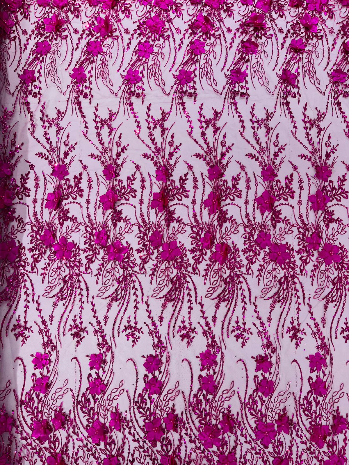 3D Luxury Satin Floral Glitter Fabric - 3D Satin Flowers, Glitter Sequin Embroidery, 54" Width (1 Yard)