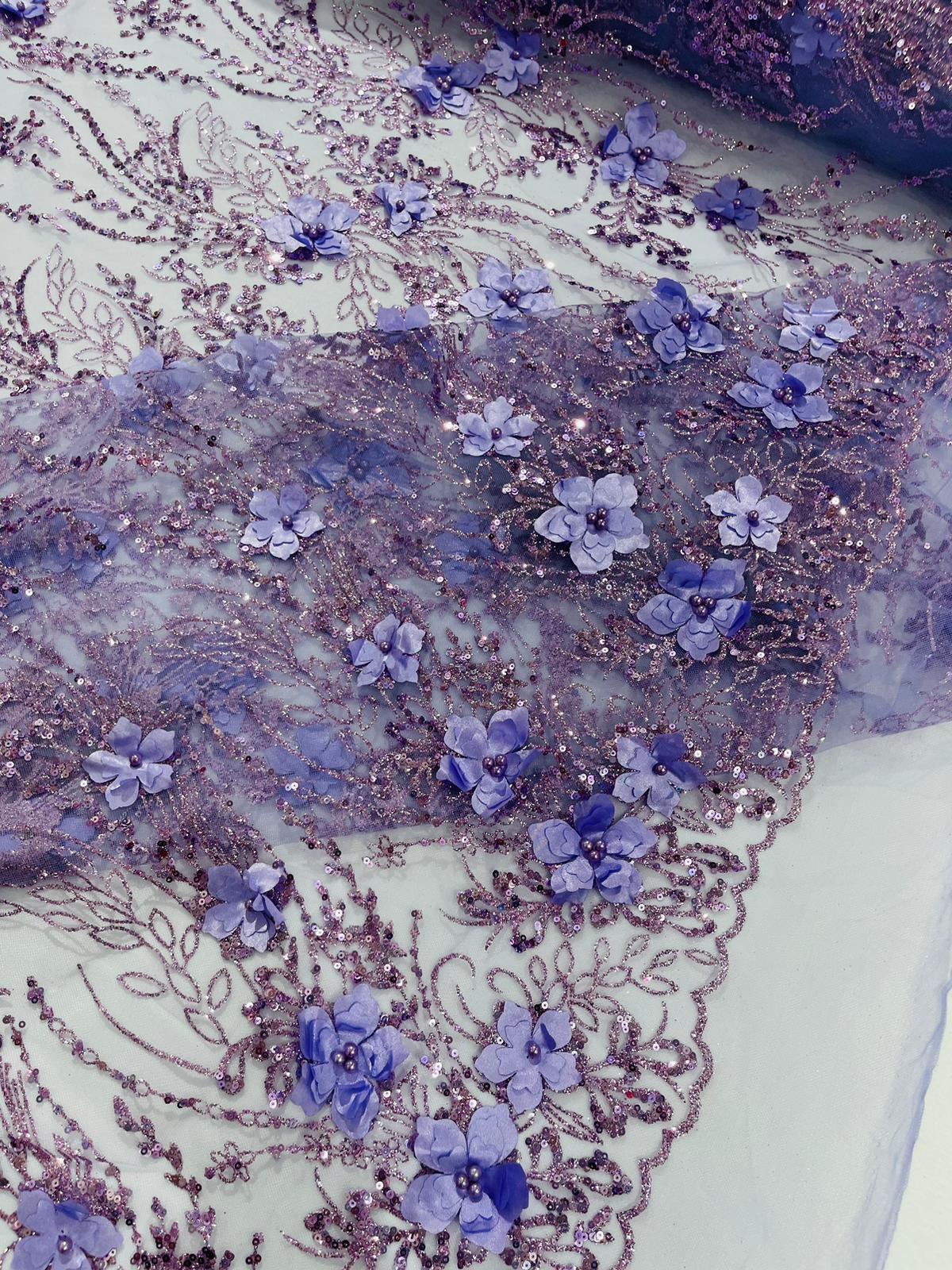 3D Luxury Satin Floral Glitter Fabric - 3D Satin Flowers, Glitter Sequin Embroidery, 54" Width (1 Yard)
