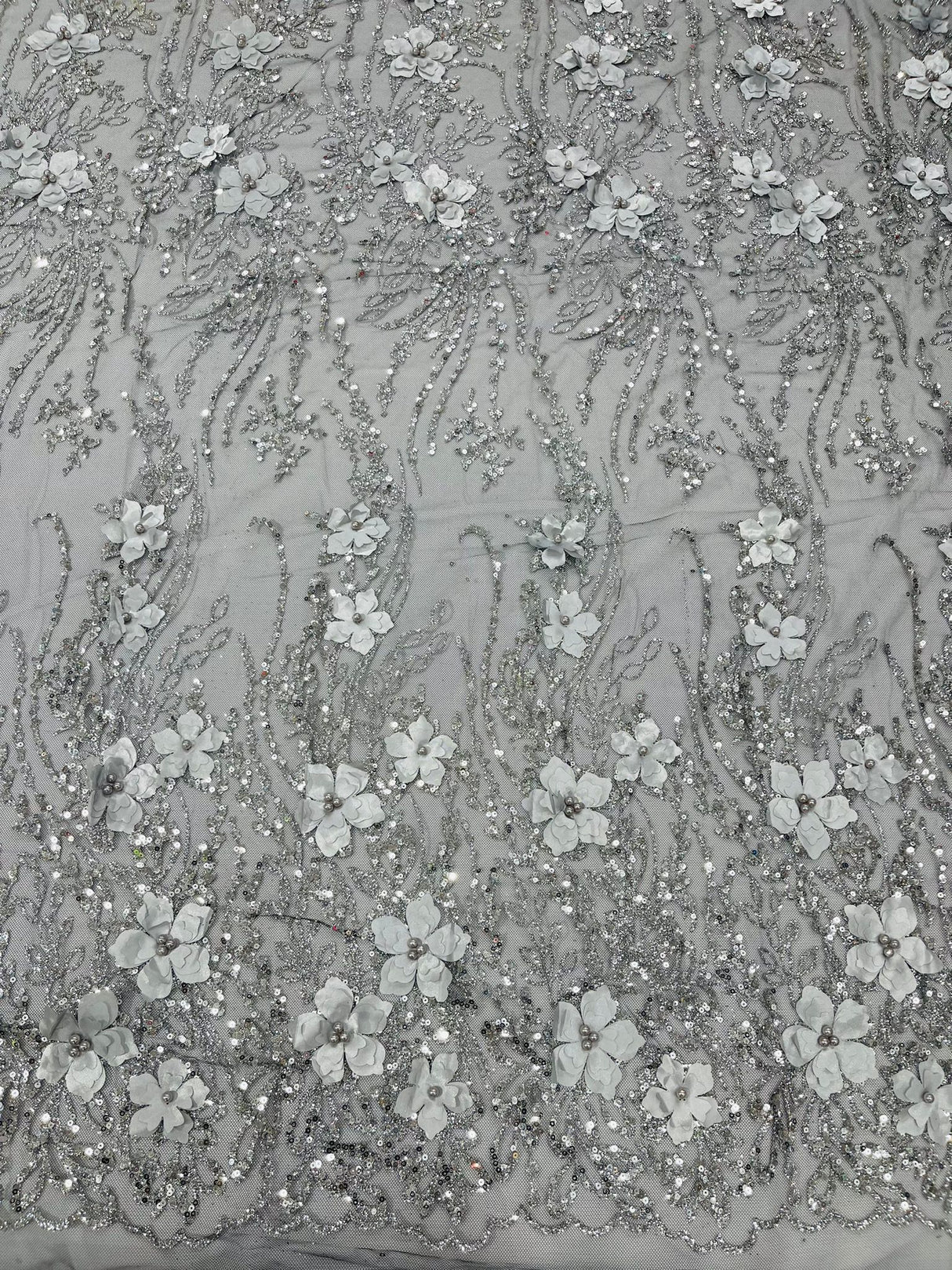 3D Luxury Satin Floral Glitter Fabric - 3D Satin Flowers, Glitter Sequin Embroidery, 54" Width (1 Yard)