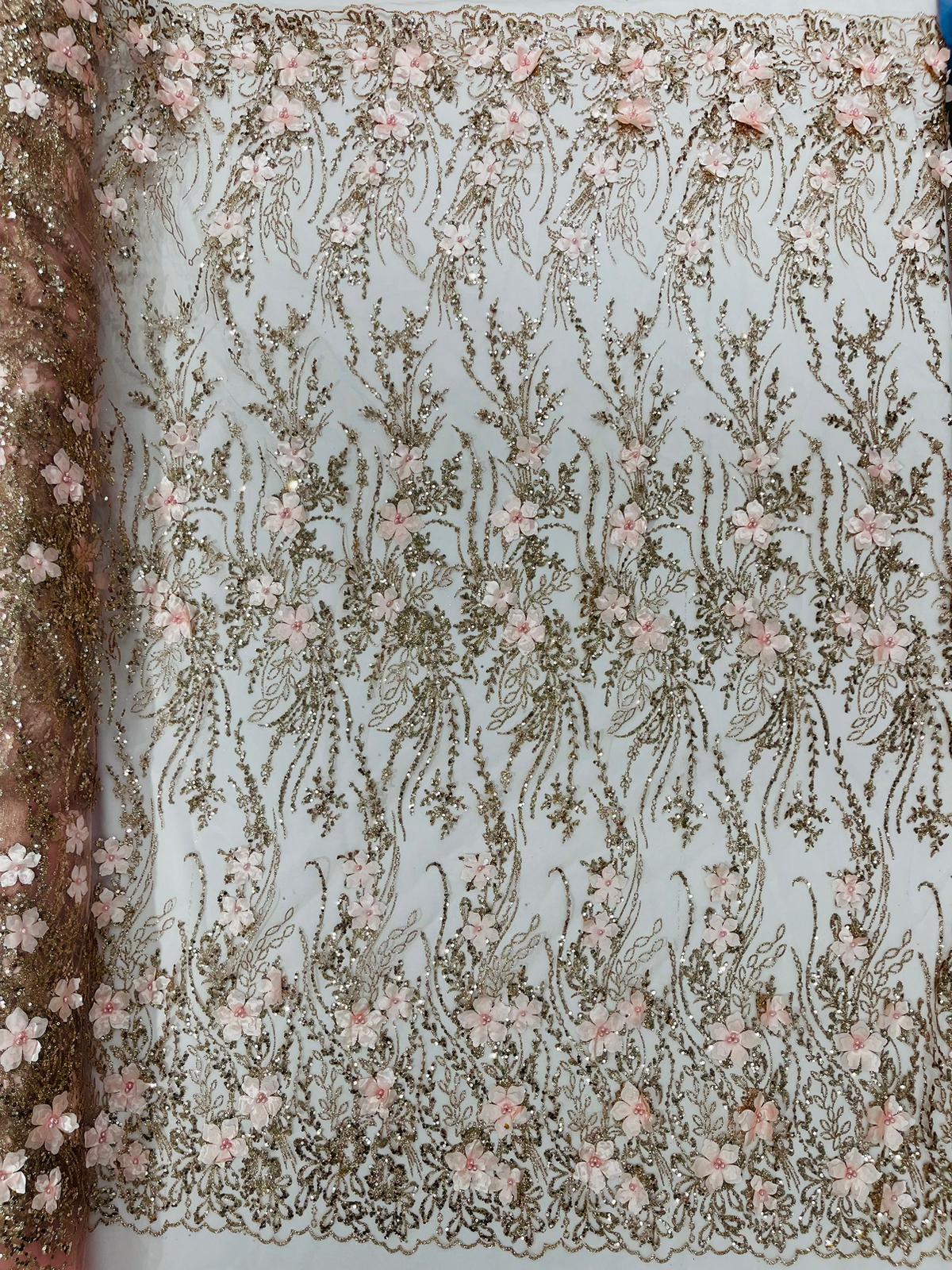3D Luxury Satin Floral Glitter Fabric - 3D Satin Flowers, Glitter Sequin Embroidery, 54" Width (1 Yard)