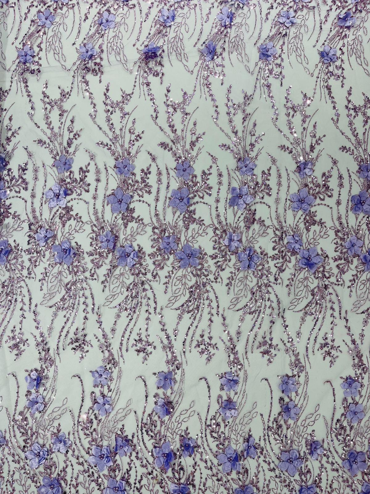 3D Luxury Satin Floral Glitter Fabric - 3D Satin Flowers, Glitter Sequin Embroidery, 54" Width (1 Yard)