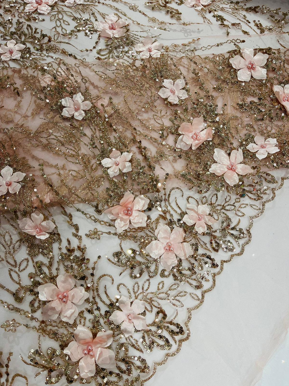 3D Luxury Satin Floral Glitter Fabric - 3D Satin Flowers, Glitter Sequin Embroidery, 54" Width (1 Yard)