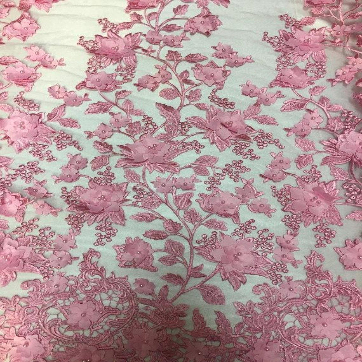 3D Embroidered Satin Floral Pearl Lace Fabric - 100 Percent Polyester Fabric, Floral Pearl Embroidery, 52" Width, 12" Panel (1 Yard)