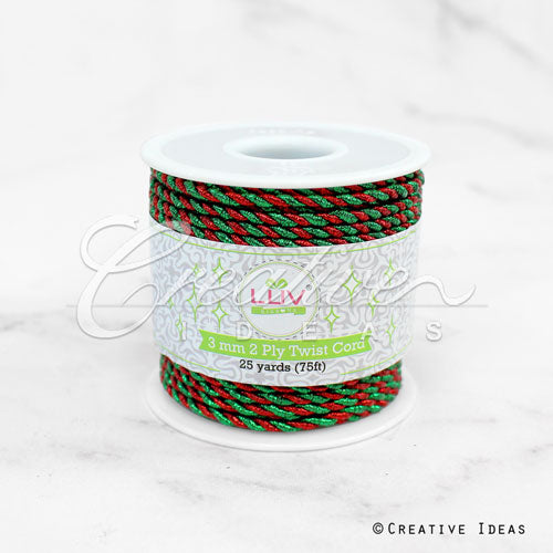 3Mm 2 Ply Metallic Twist Cord-25 Yds (Red/Green)
