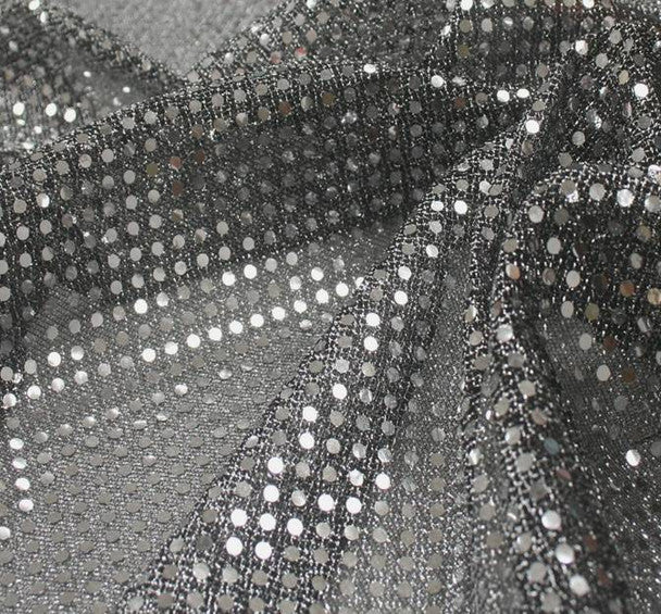 3?mm Sequin Knit 1 Yard Fabric Black & Silver 50/50 Polyester Nylon Sparkle Apparel Costume Fabric