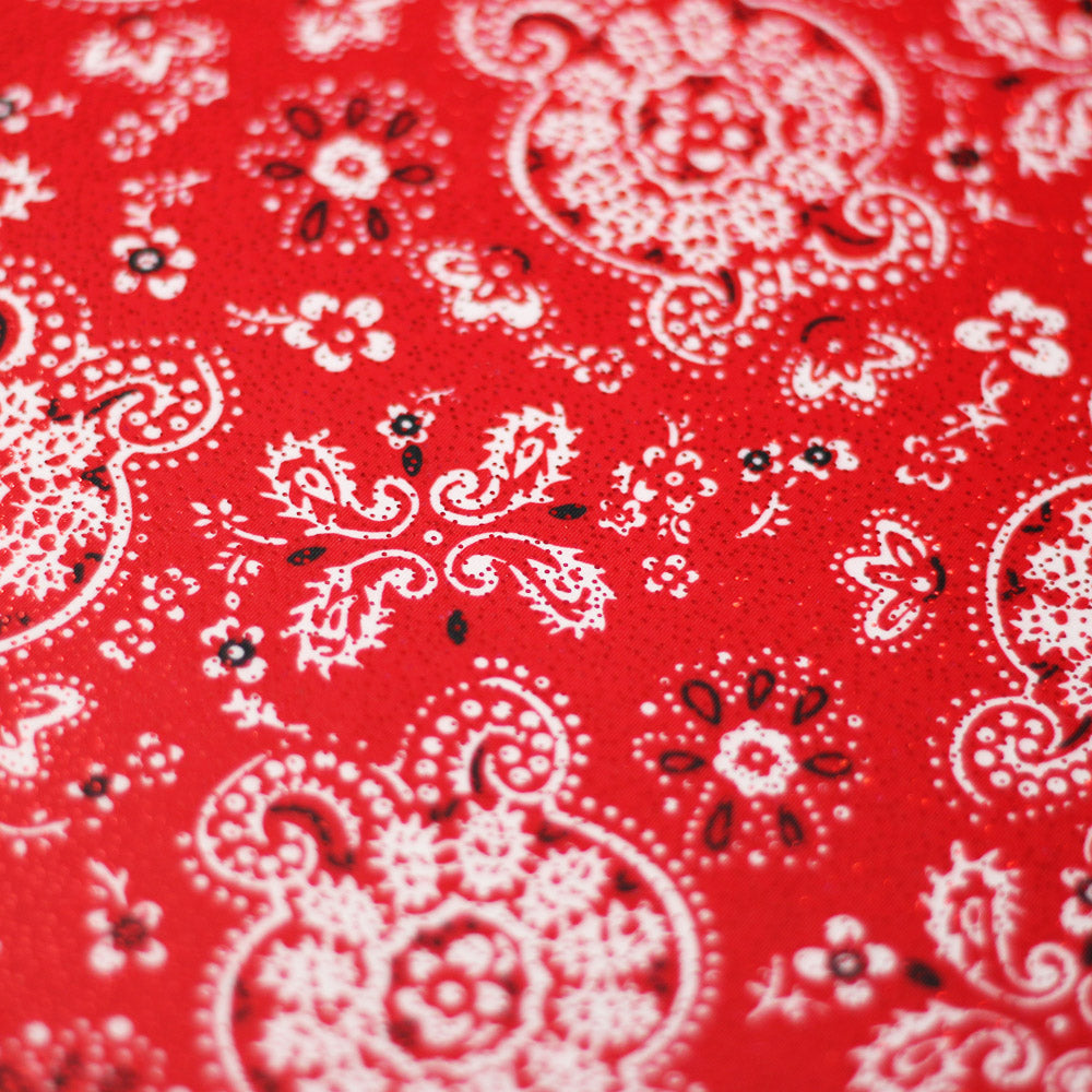 Bandana Poly Spandex Fabric - Beige/Red Paisley, 58/60" Width (1 Yard)