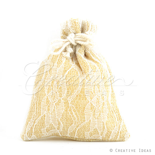 4"X5" Faux Burlap Lace Pouches - Sold By A Dozen Pieces ( 6 Pieces/Inner Pack) (Ivory)
