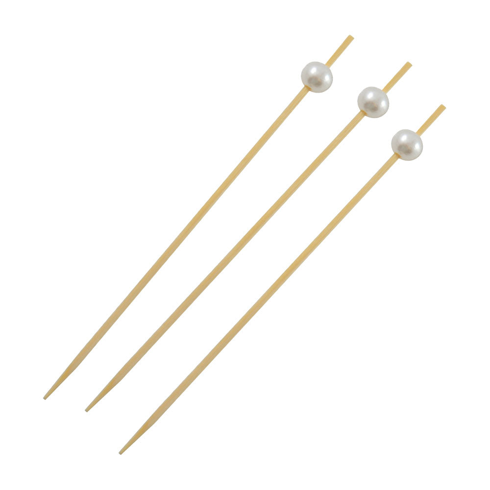 Packnwood Bijou Bamboo Pick with White Pearl, 4.75" - Pack of 100