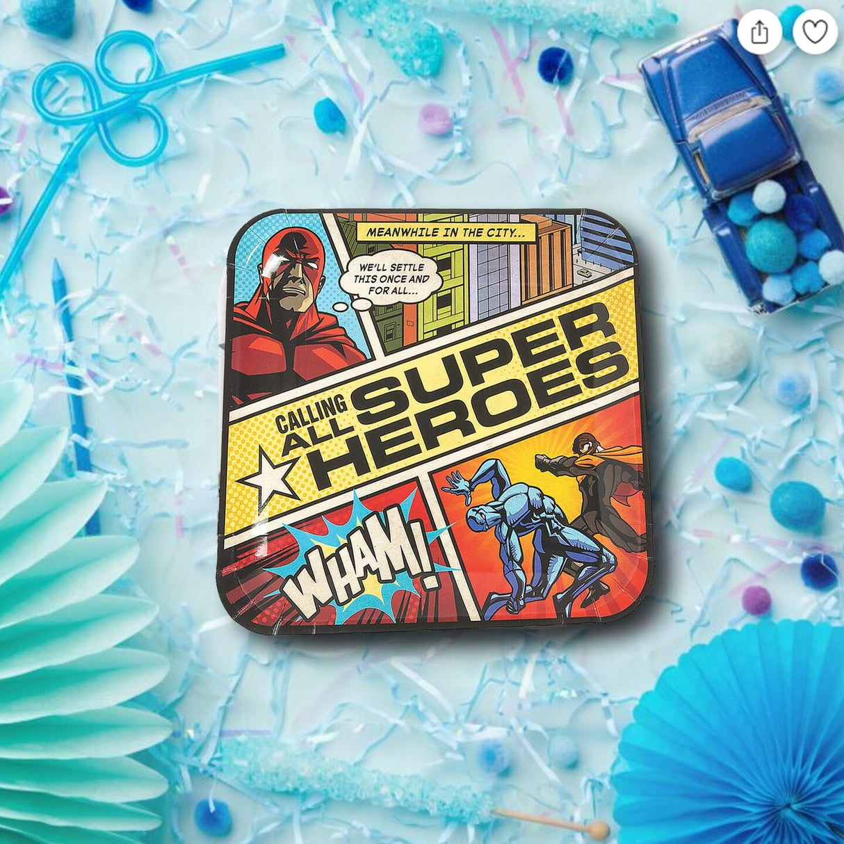8 Count Superhero Comic Paper Plates 9 Inch Square Birthday Party Supplies