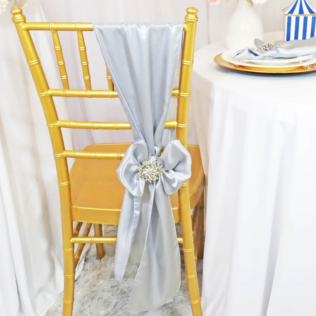 10 Pieces Satin Chair Sashes 8 by 108 inches Platinum Or Light Silver