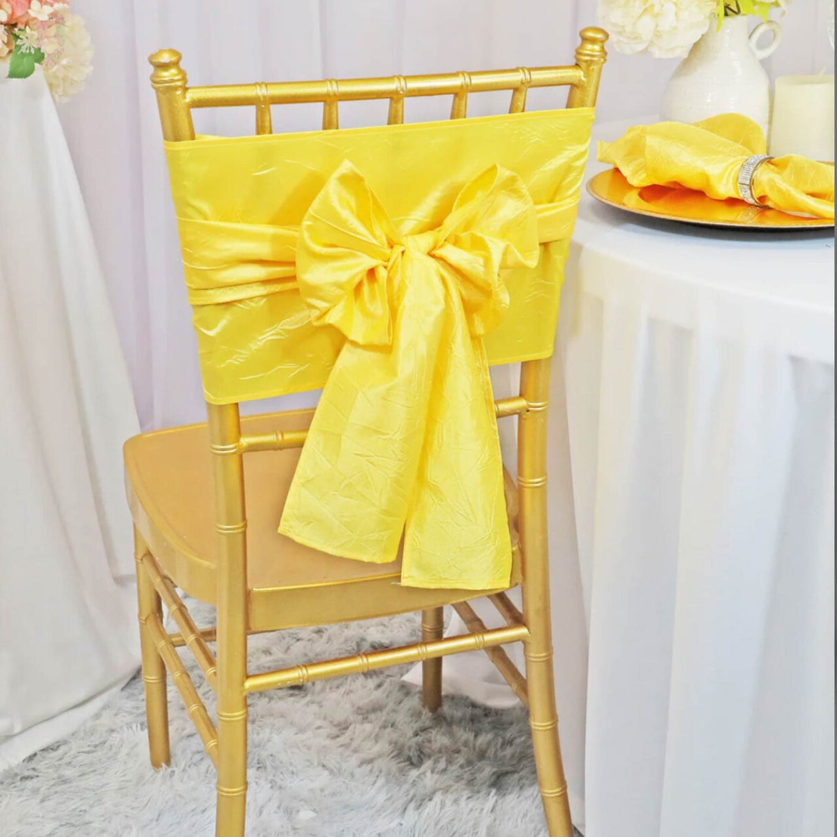 10 Pieces Canary Yellow Crushed Taffeta Chair Wraps, 9.5"x108" Vibrant Event Sashes