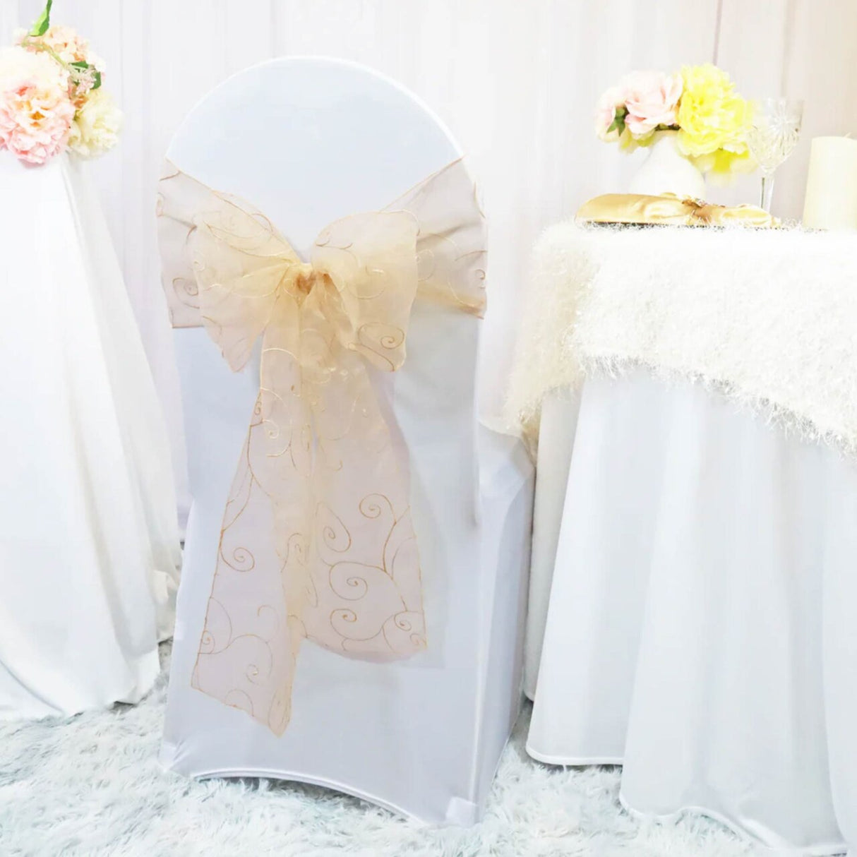10 Pieces Champagne Embroidered Organza Chair Sashes, Sheer 8"x108" Elegant Decor
