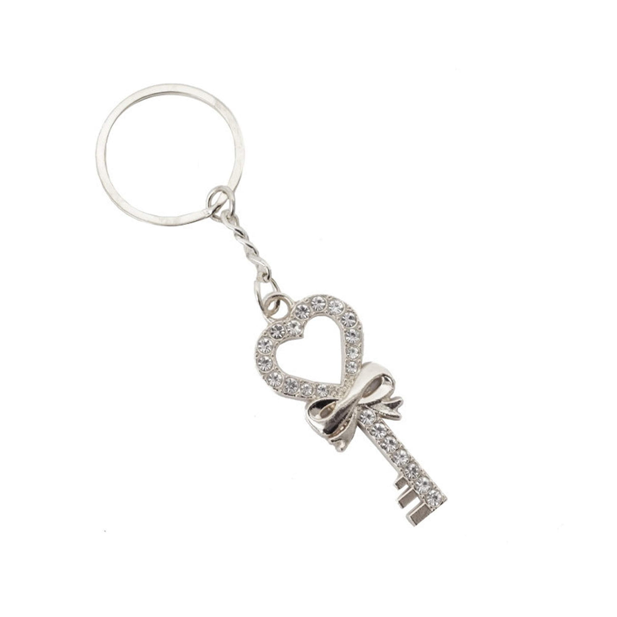 Silver Key Bow Crystal Rhinestone Keychain 4 Inch 12pcs