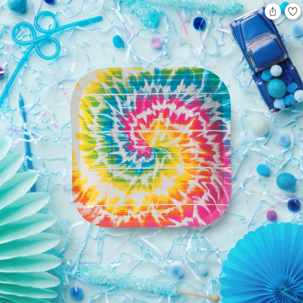 8 Ct. Beach Bum Tie-Dye Square Paper Dessert Plates 7" Disposable Plates, Groovy Party Tableware