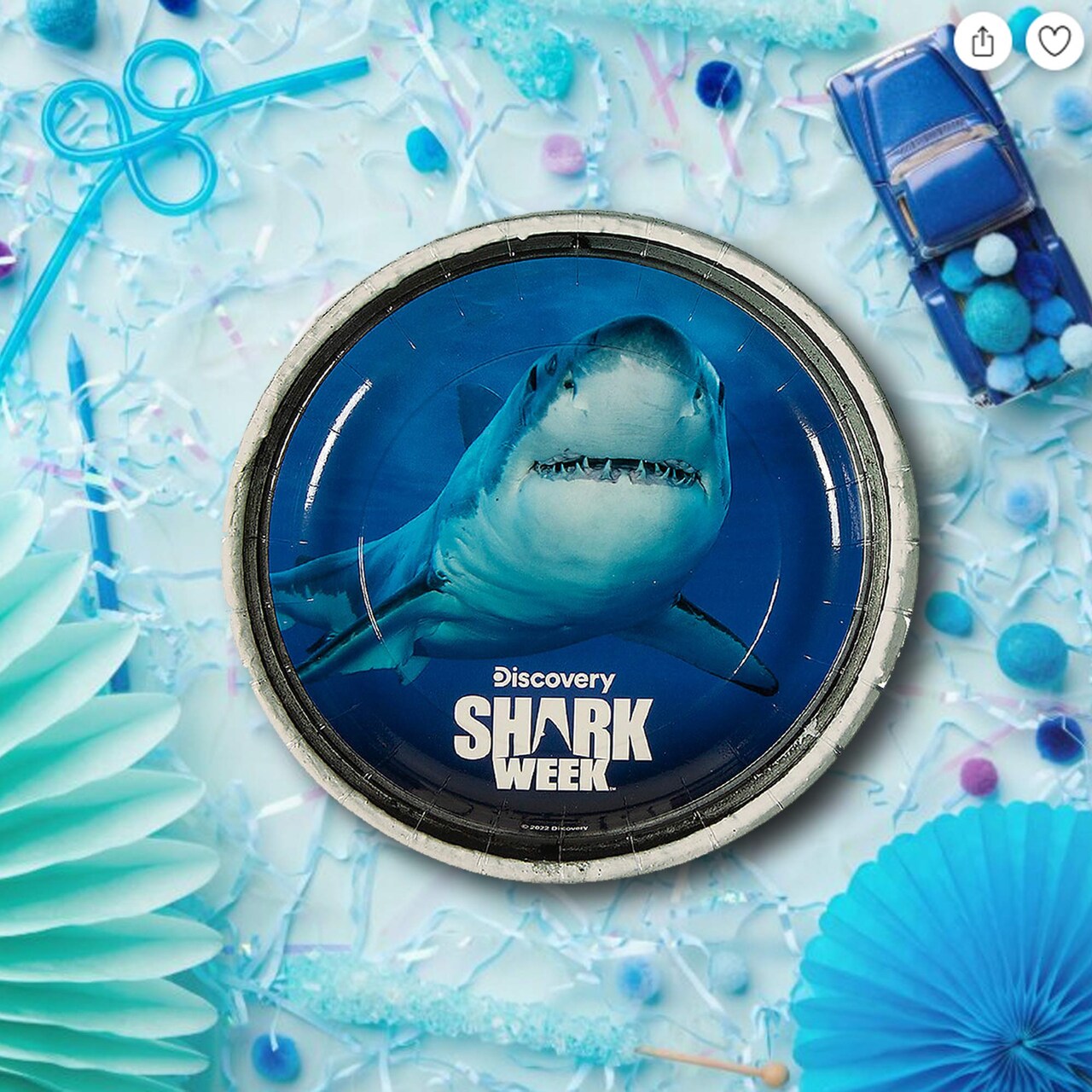 8 Count 7" Great White Shark Disposable Paper Dessert Plates Ocean & Shark Week Party Tableware
