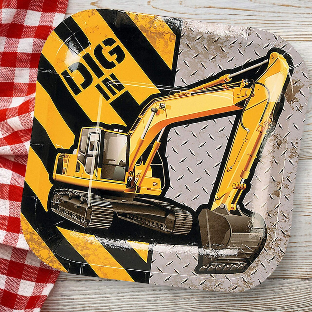 8 Ct. Construction Zone Excavator Square Paper Dessert Plates 7" “Dig In” Party Plates