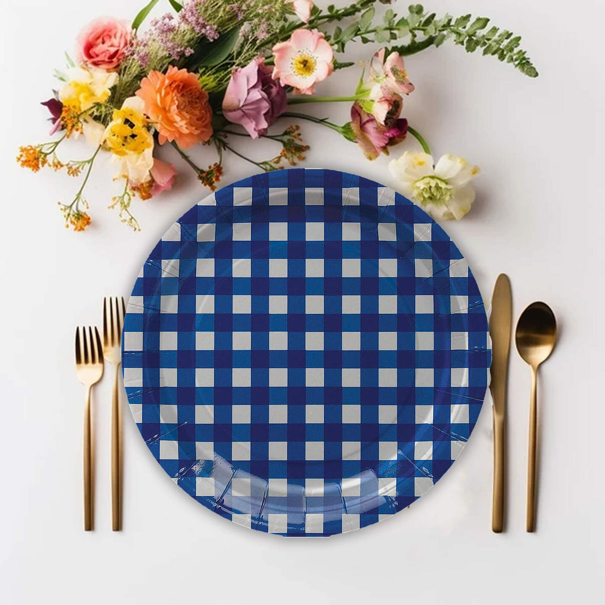 8 Ct. 7.25" Blue Gingham Dessert Plates Round Disposable Paper Plates for Party