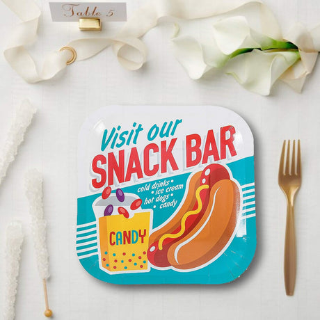 8 Ct. Movie Party Snack Bar Square Paper Dessert Plates 7" Disposable Plates, Cinema-Themed Party Tableware