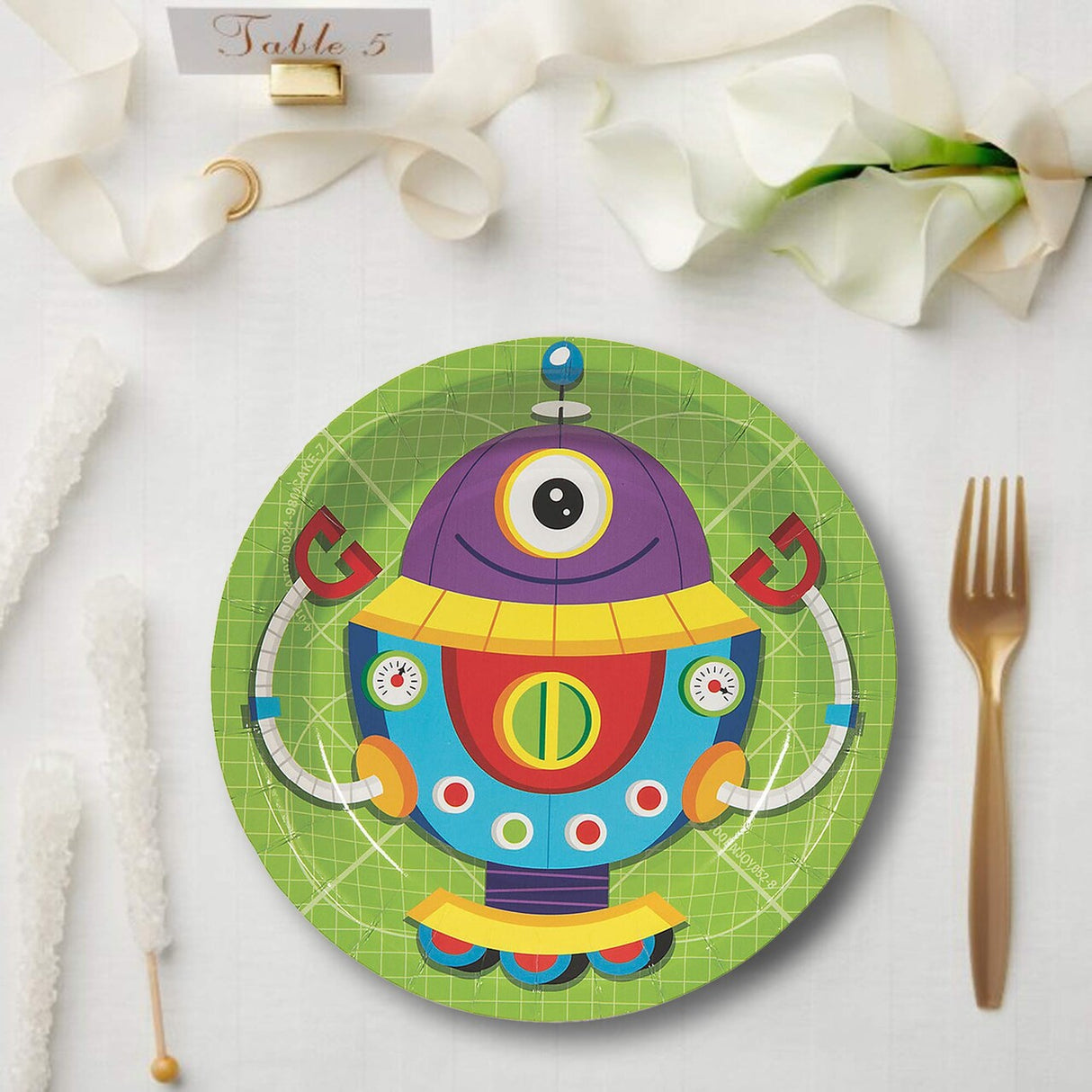 8 Count 7" Robot Party Round Disposable Dessert Plates Fun Robot Birthday Tableware