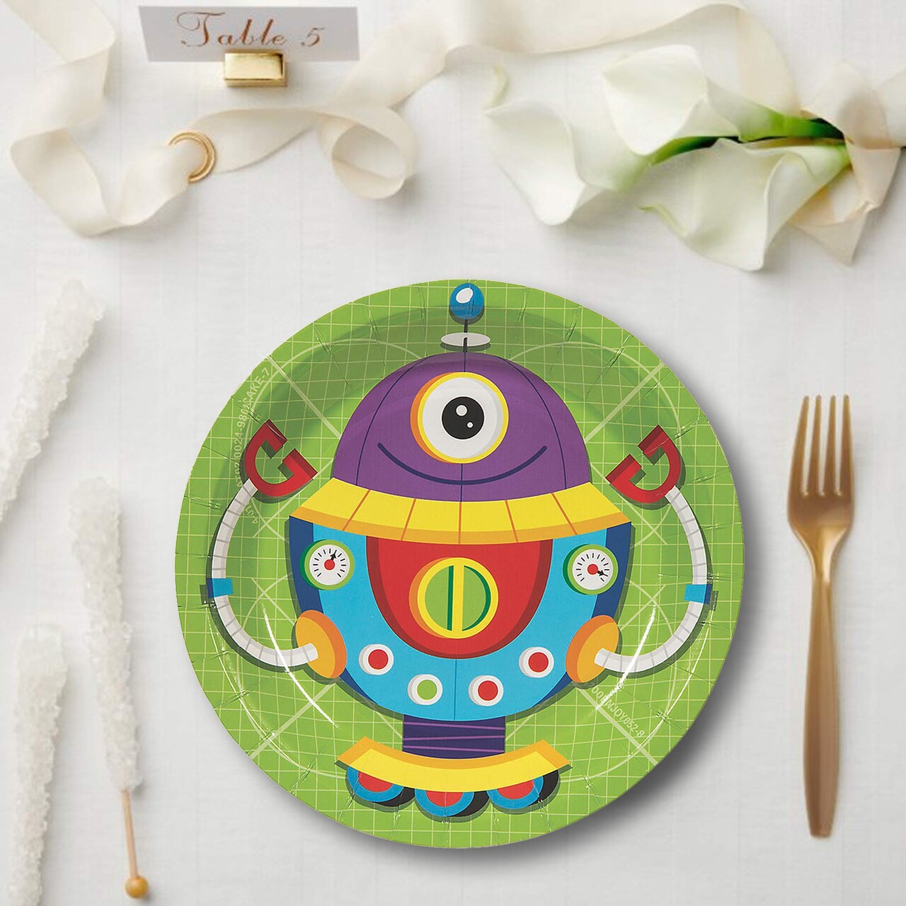 8 Count 7" Robot Party Round Disposable Dessert Plates Fun Robot Birthday Tableware