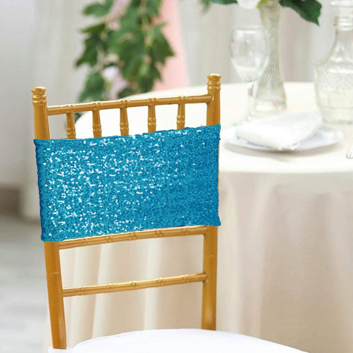 10 Pieces Shimmering Turquoise Sequin Spandex Chair Bands 7 x 13 Inches