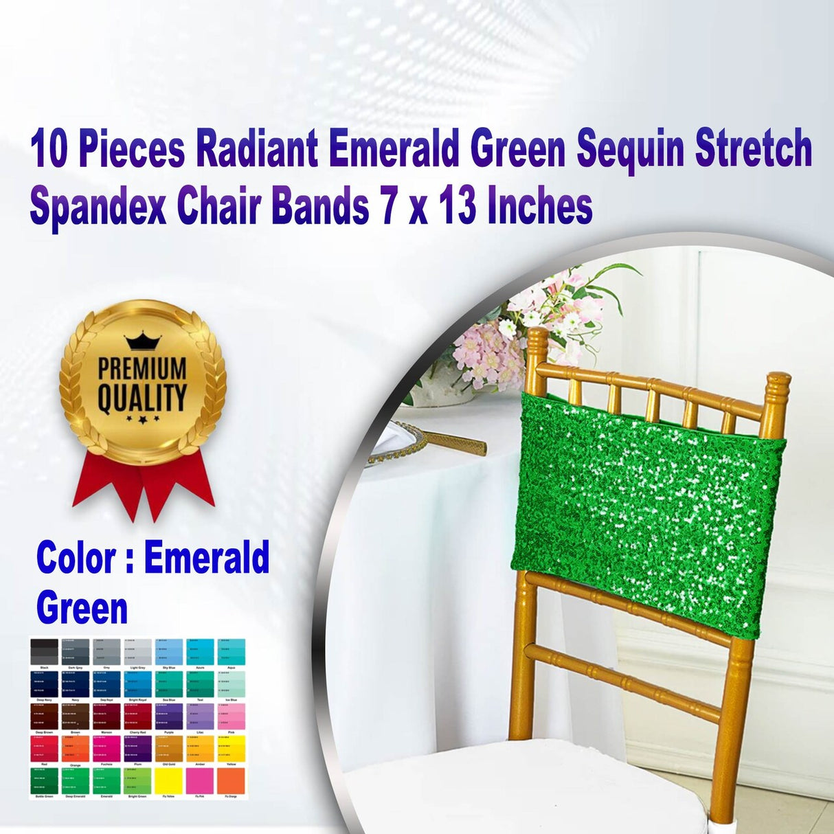 10 Pieces Radiant Emerald Green Sequin Stretch Spandex Chair Bands 7 x 13 Inches