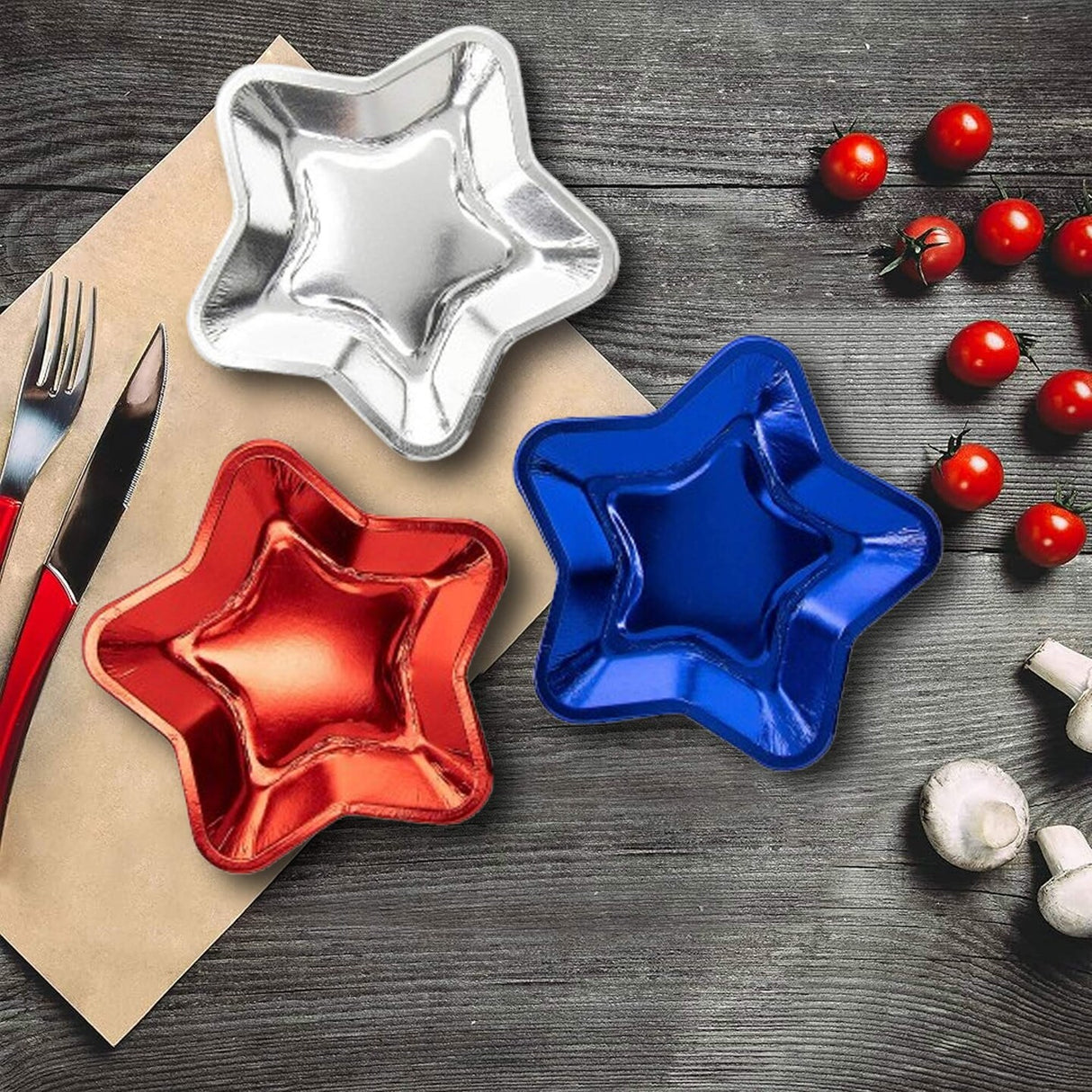24 Count Foil Patriotic Star Shaped Paper Dessert Plates Red Blue Silver 7 Inch