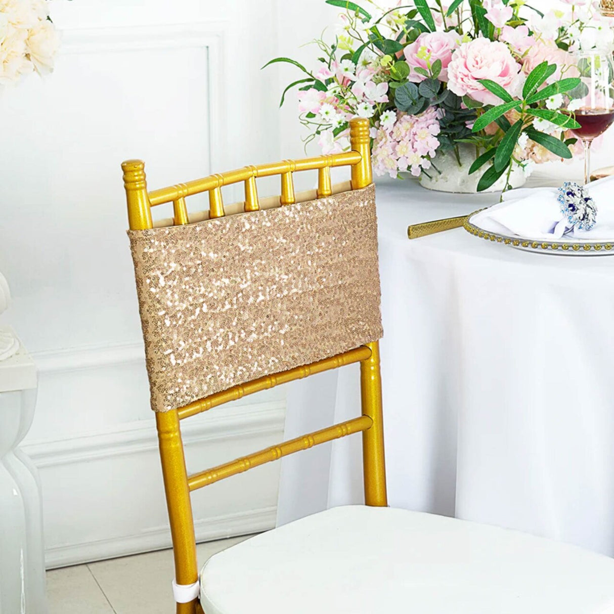 10 Pieces Luxurious Champagne Sequin Stretch Spandex Chair Bands 7 x 13 Inches