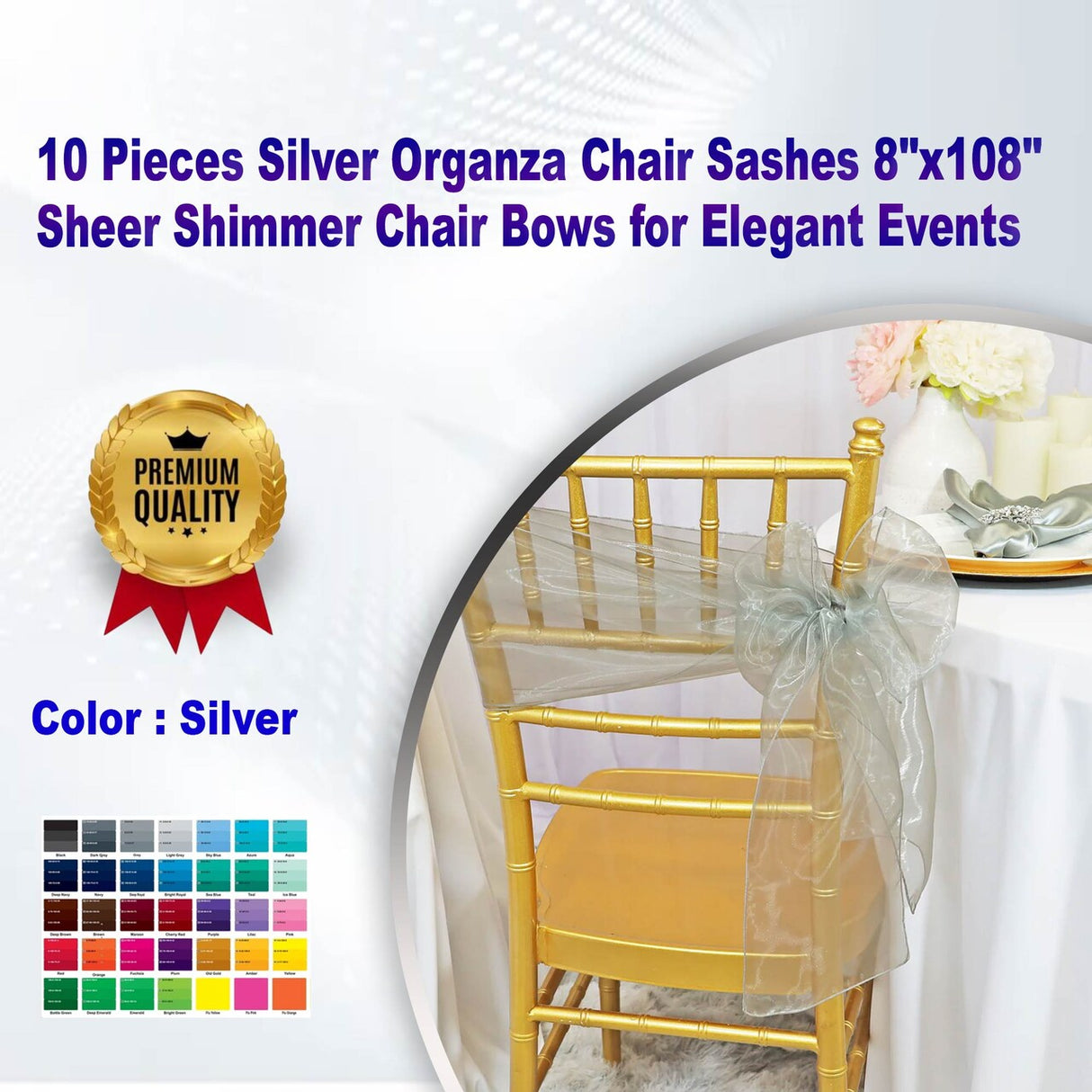 10 Pieces Silver Organza Chair Sashes 8"x108" Sheer Shimmer Chair Bows for Elegant Events