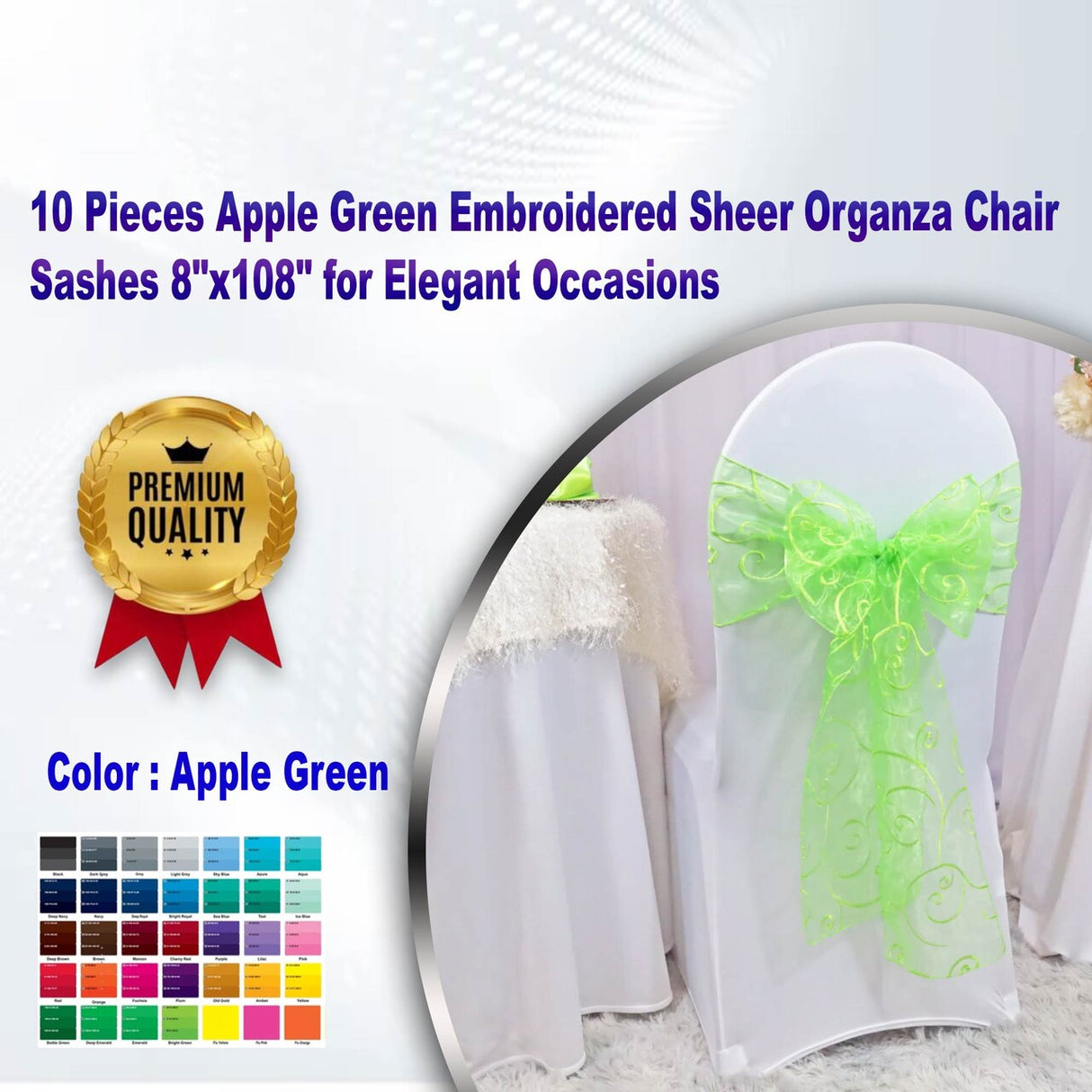 10 Pieces Apple Green Embroidered Sheer Organza Chair Sashes 8"x108" for Elegant Occasions
