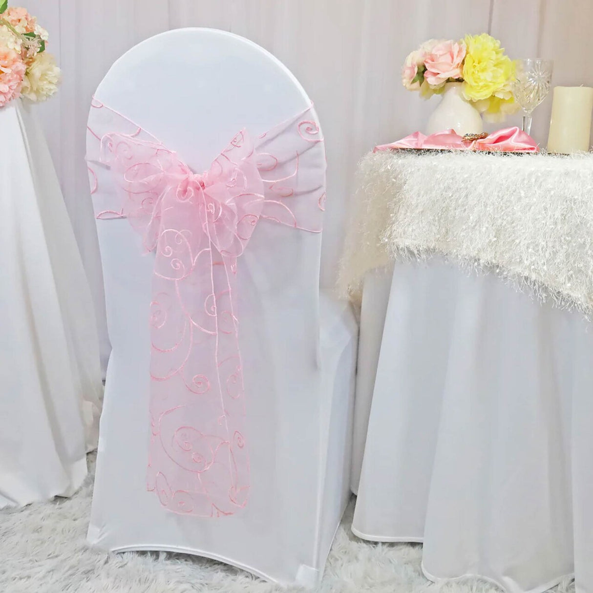 10 Pieces Pink Embroidered Organza Chair Sashes 8"x108" Elegant Event Decoration