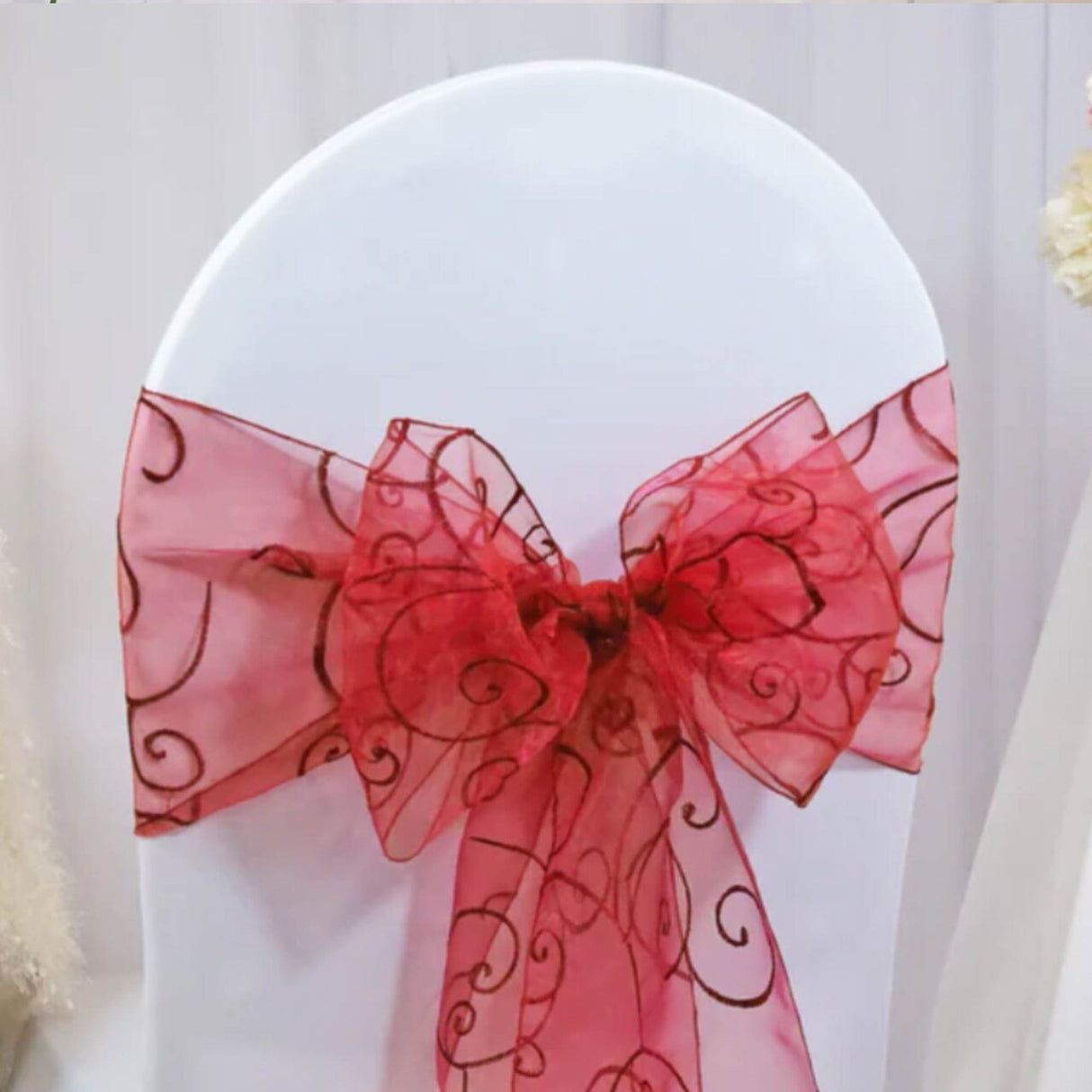 10 Pieces Apple Red Sheer Embroidered Organza Chair Sashes 8"x108" for Weddings & Events