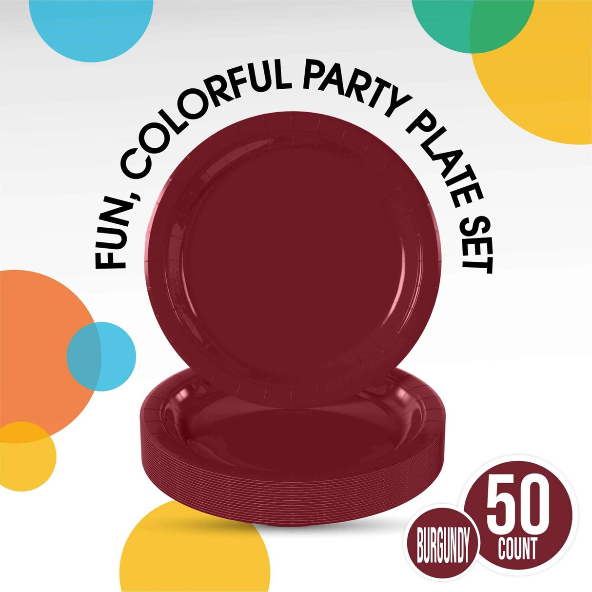 50 Count Burgundy Paper Plates 9 Inch Elegant Disposable Dinnerware for Parties and Events
