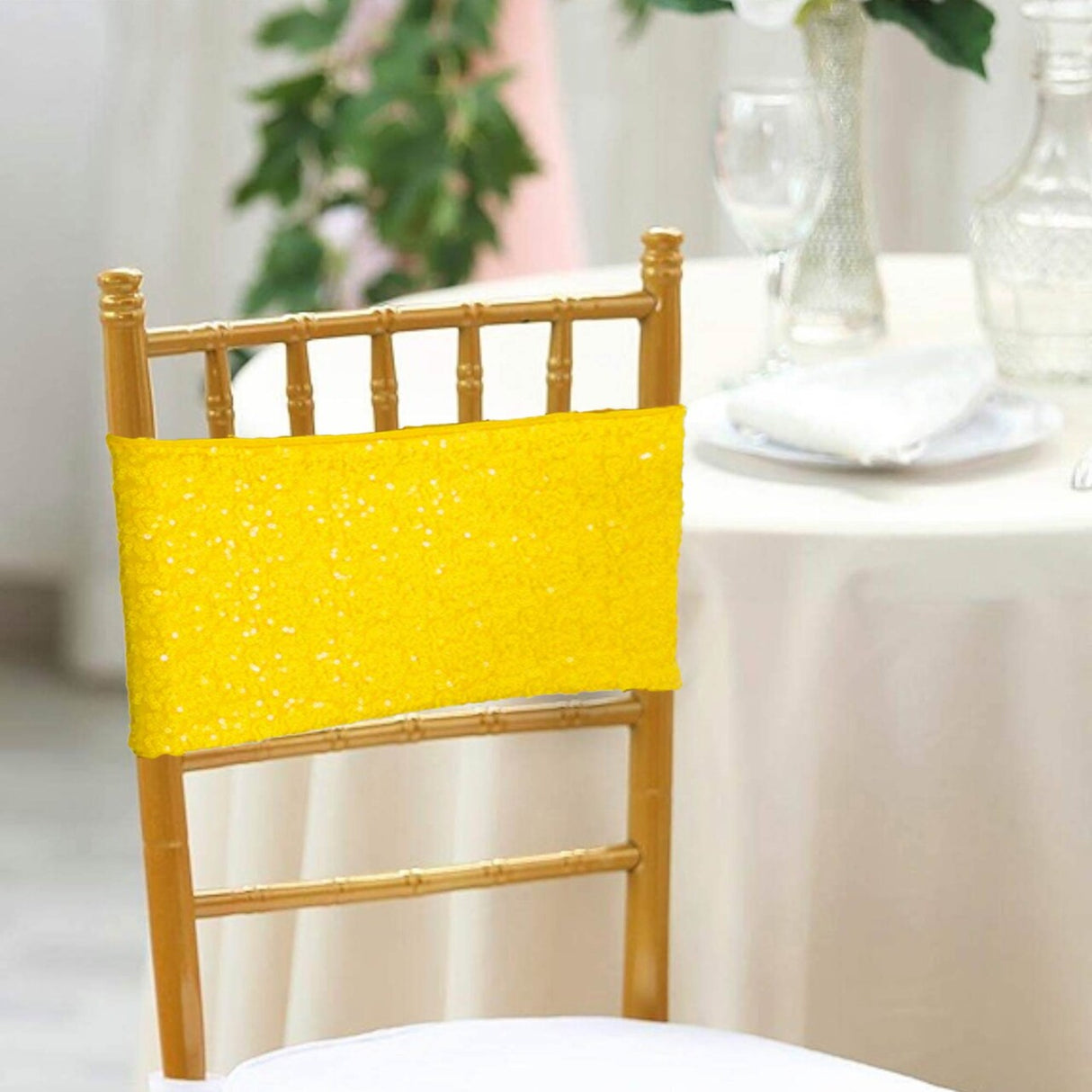 10 Pieces Luxurious Champagne Sequin Stretch Spandex Chair Bands 7 x 13 Inches