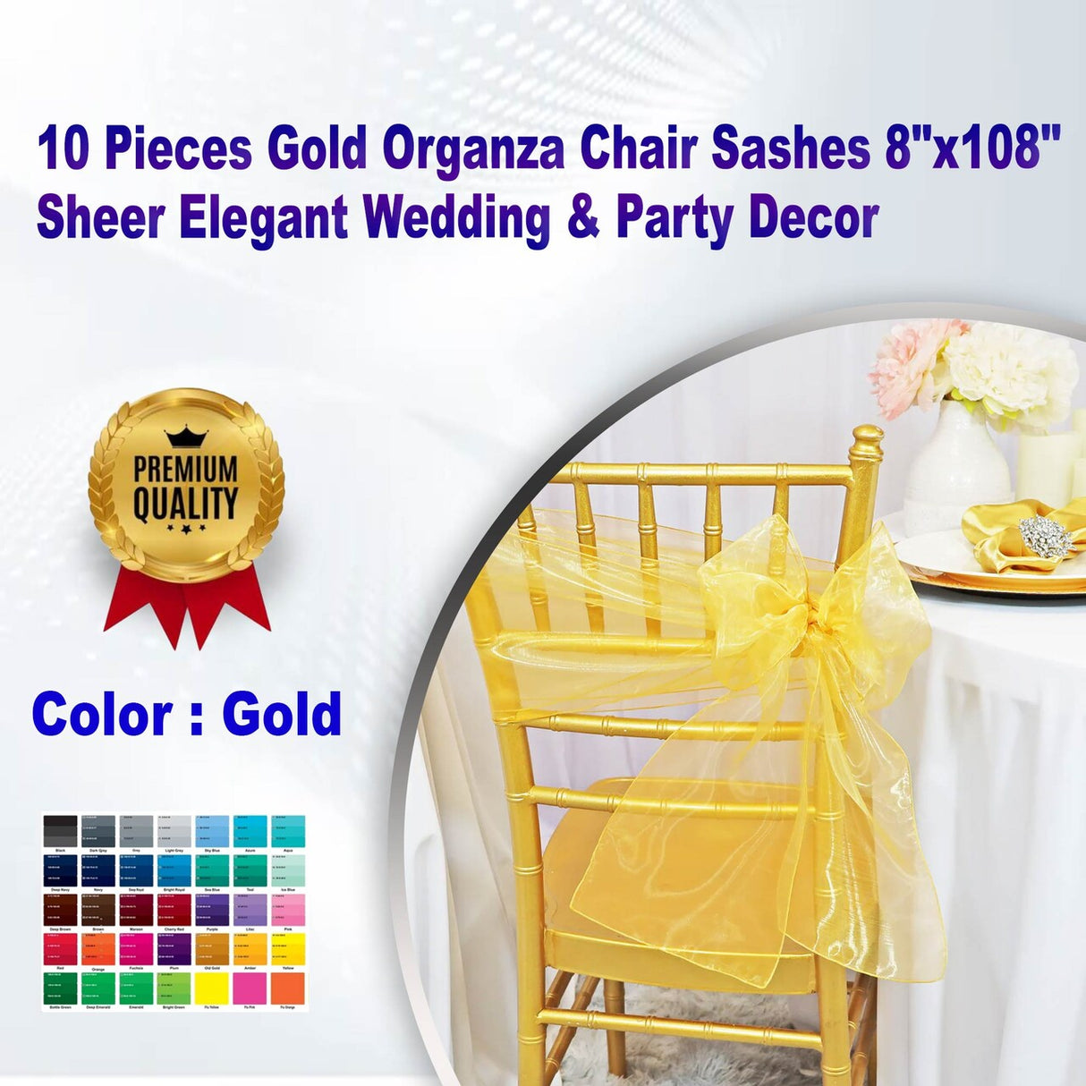 10 Pieces Gold Organza Chair Sashes 8"x108" Sheer Elegant Wedding & Party Decor