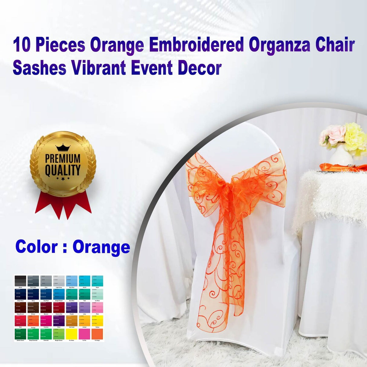 10 Pieces Orange Embroidered Organza Chair Sashes Vibrant Event Decor
