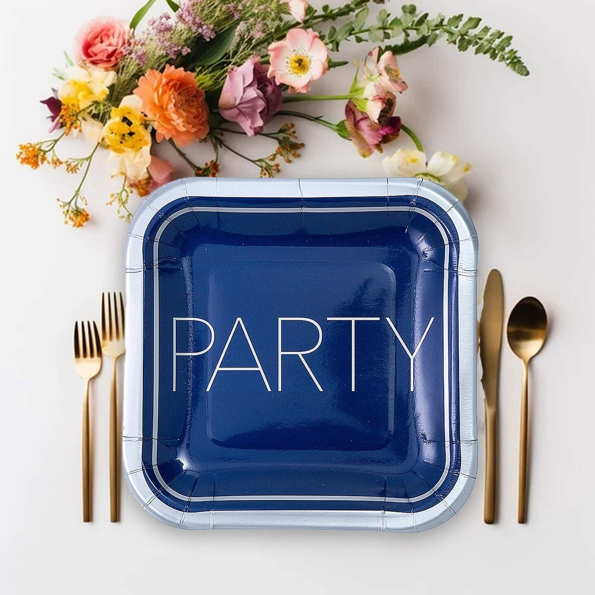 8 Count Happy Birthday Party Blue and Silver Square Paper Dessert Plates