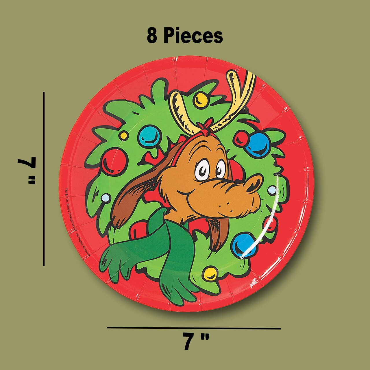 8 Count 7" The Grinch Max Multicolor Disposable Paper Dessert Plates Festive Christmas Party Tableware