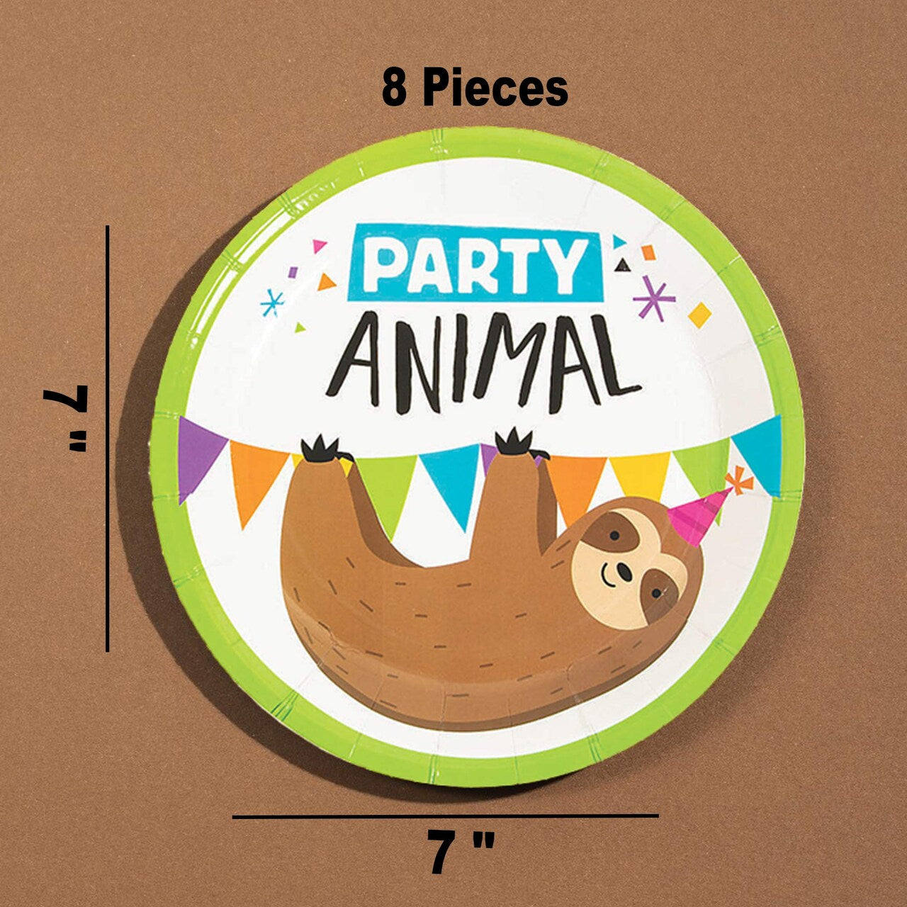 8 Ct. Party Animal Sloth Paper Dessert Plates 7" Disposable Plates, Cute Sloth Birthday Party Tableware
