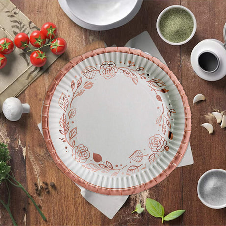 8 Ct. Rose Gold Foil Floral Paper Dessert Plates Elegant Wedding & Bridal Shower Tableware 7"