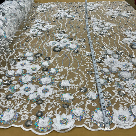 1 Yard Beaded Rhinestone 3D Floral Lace Fabric Embroidered 100 Percent Polyester Net Mesh 52 inch Width