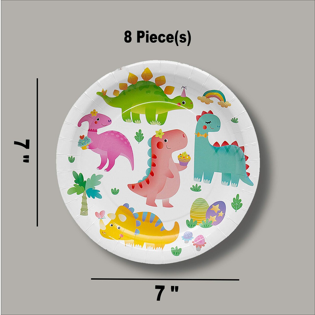 8 Ct. Pastel Dinosaur Dessert Plates Adorable 7" Paper Plates for Dino-Themed Celebrations