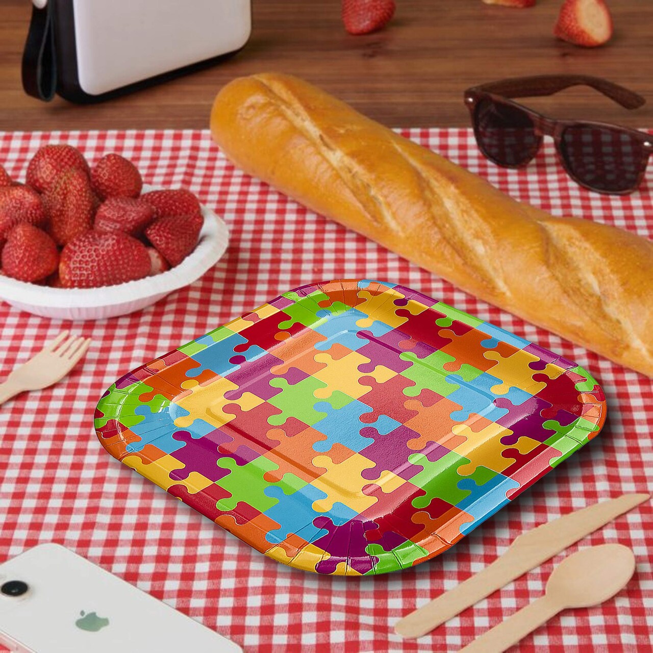 8 Ct. Game Night Puzzle Dessert Plates 7" Colorful Square Design
