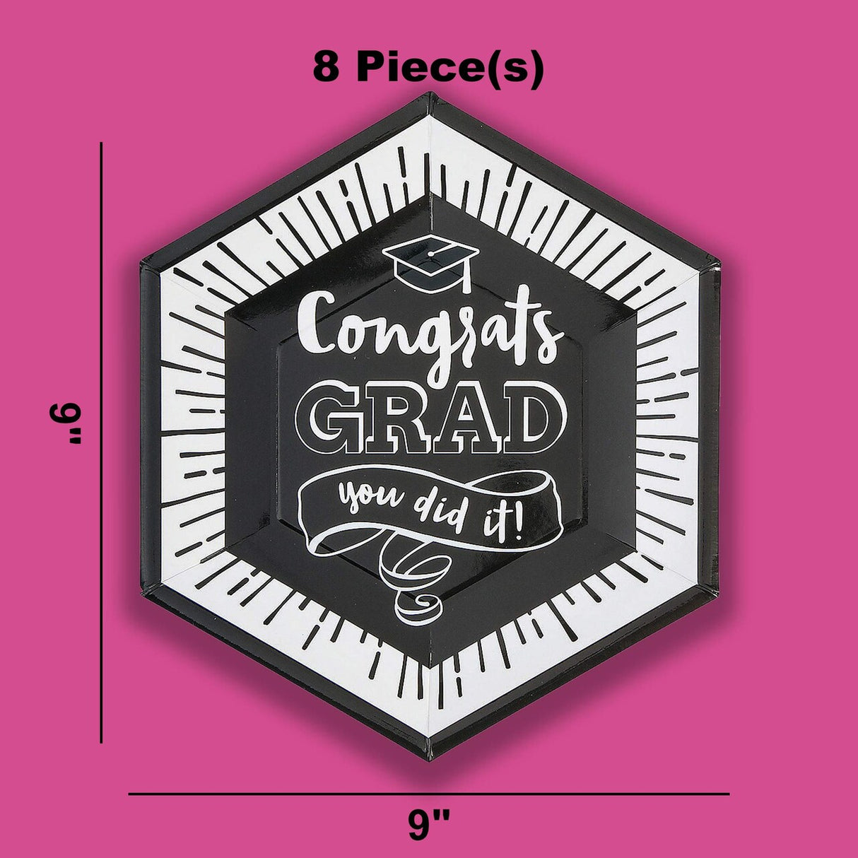 8 Ct. Congrats Grad You Did It Graduation Party Dinner Plates 9" Black & White Paper Plates