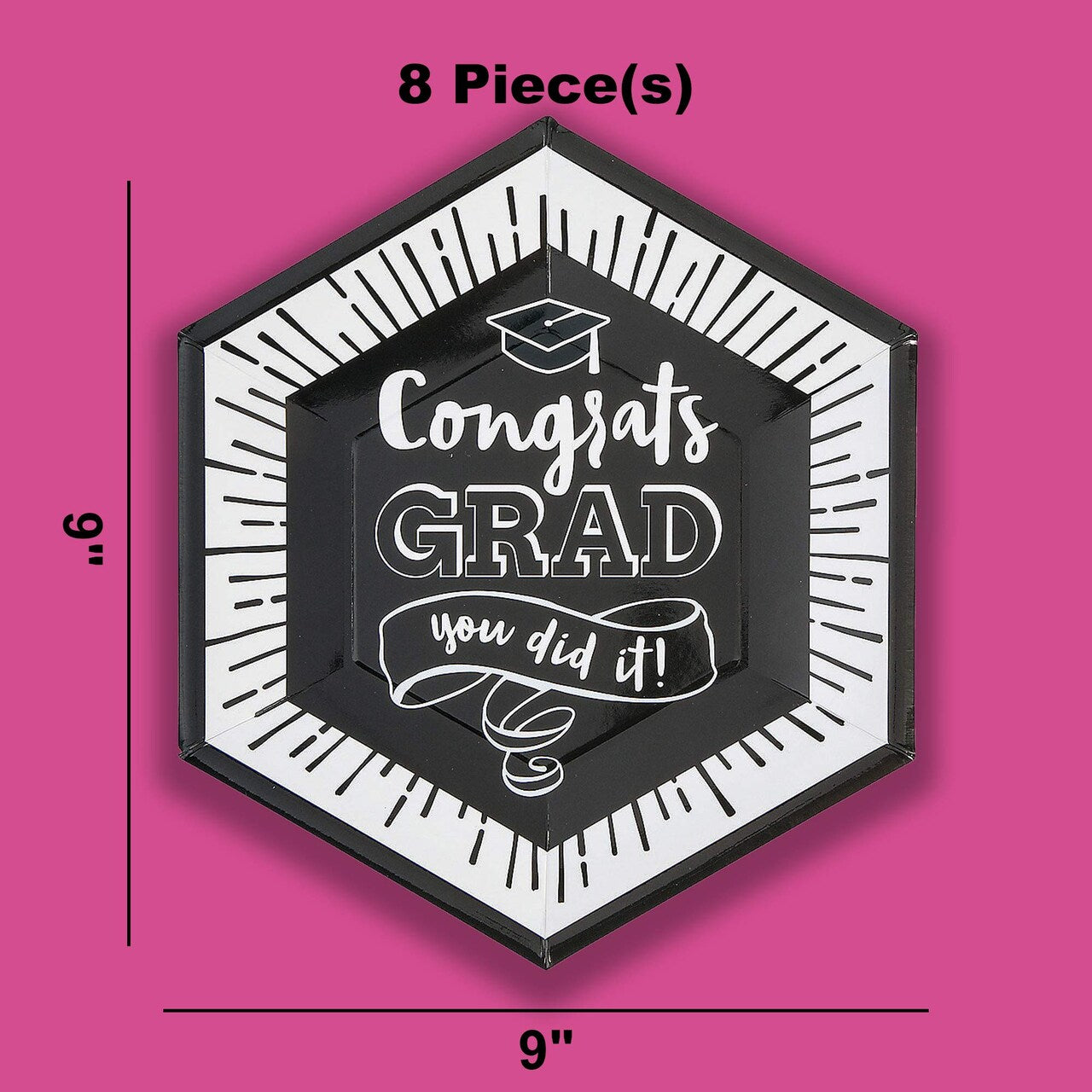 8 Ct. Congrats Grad You Did It Graduation Party Dinner Plates 9" Black & White Paper Plates