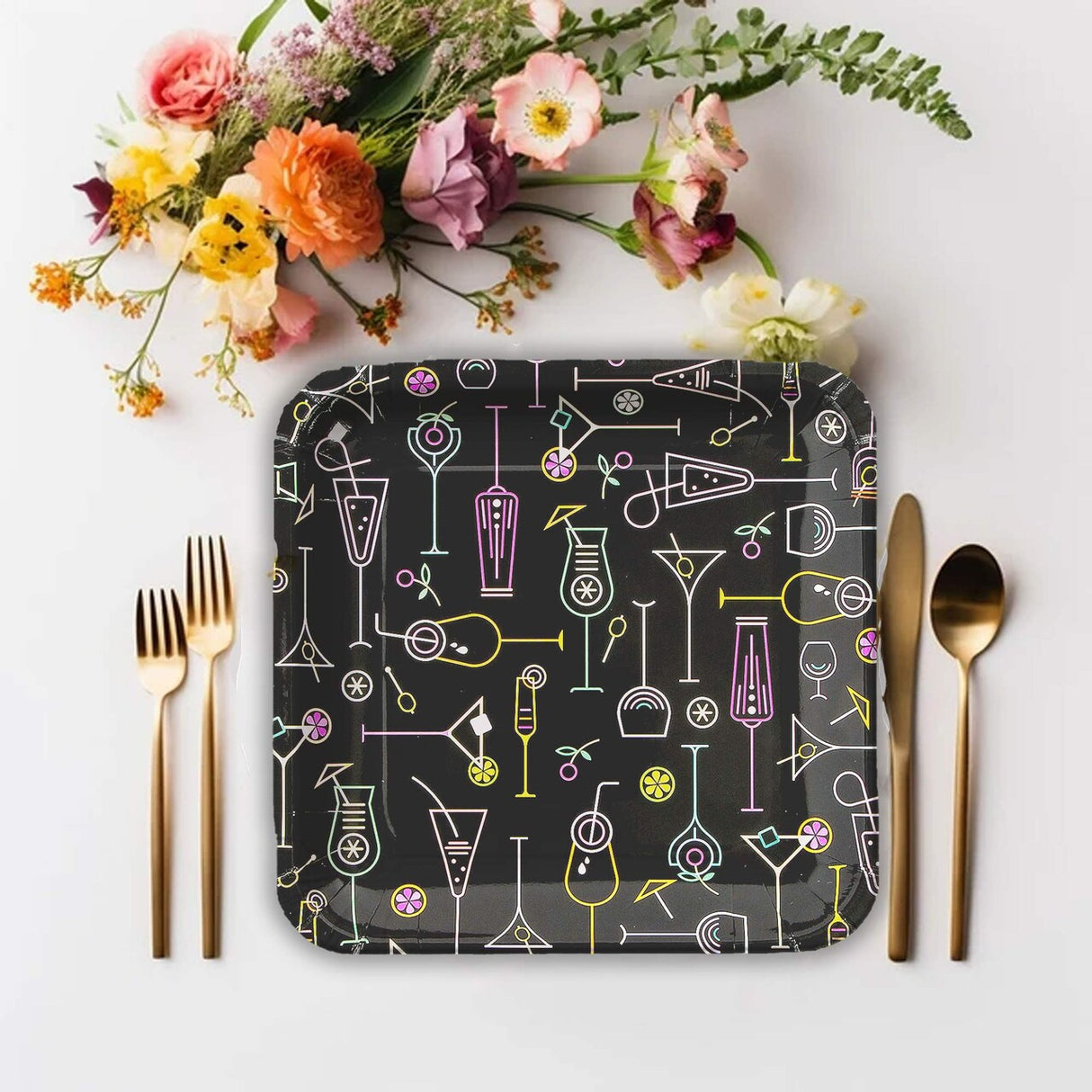 8 Ct. Cocktail Party Square Paper Dinner Plates Neon Drink Design